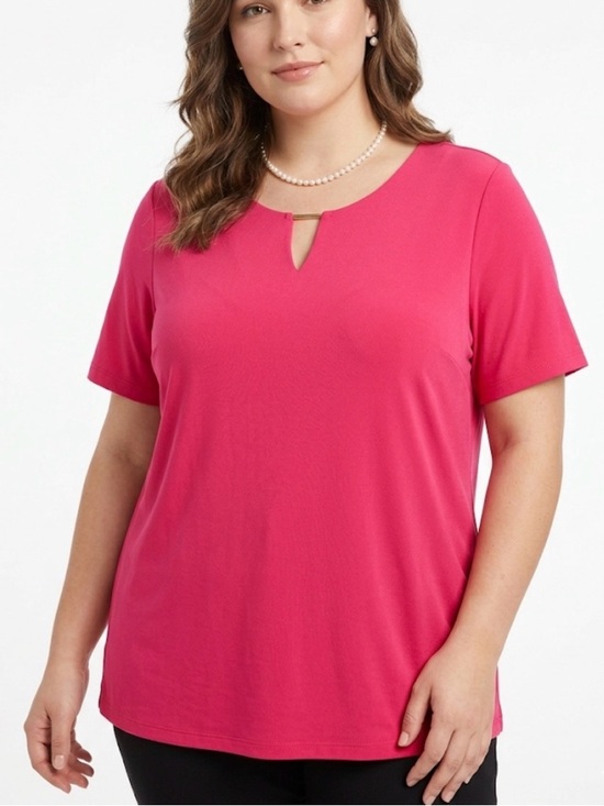 Susan Graver Tops - Susan Graver 1X Plus Hot Pink Magenta V-Neck Bar Detail S/S Tunic Top Shirt